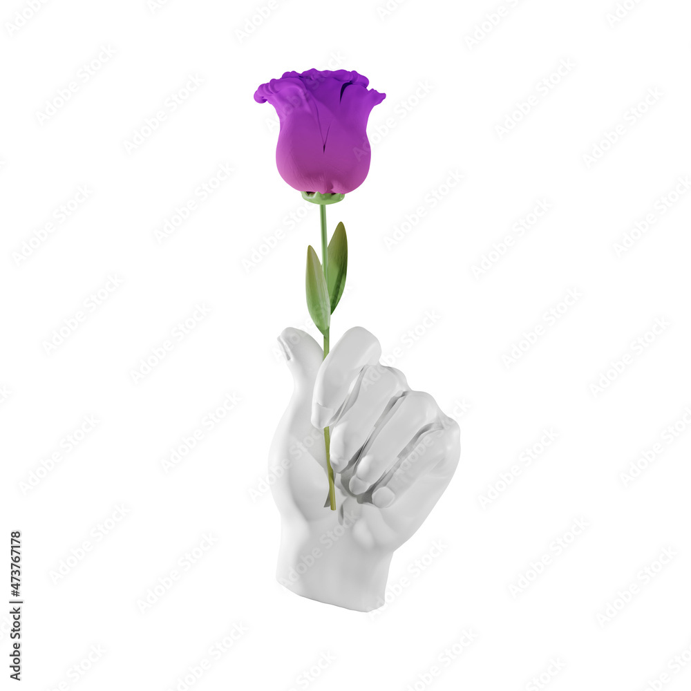 3D plaster sculpture of a hand holding a purple rose, isolated on a white background, 3d rendering 3D plaster sculpture of a hand holding a purple rose, isolated on a white background, 3d rendering