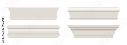 Set of white skirting baseboard moulding. Ceiling crown on white background. Plaster, wooden or styrofoam interior decor. Classic home design. Vector illustration. photo
