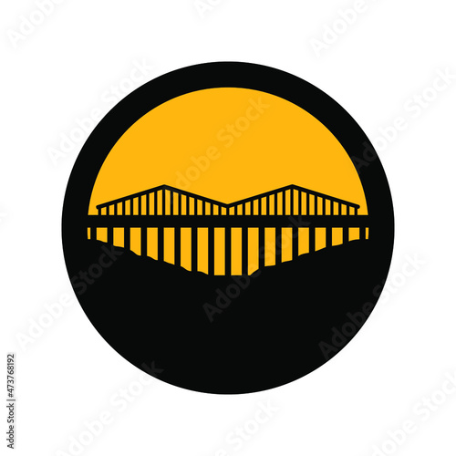Bridge over the river, black and yellow colors, round sign for design on a white background, vector illustration