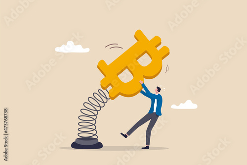 Bitcoin and cryptocurrency volatility, investment and speculation risk, price fluctuation and uncertainty, crypto value swing up and down, businessman trader holding swing unstable Bitcoin symbol.