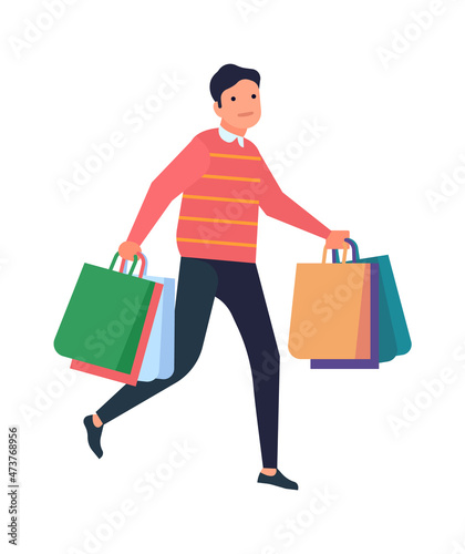 Man carrying shopping bags. Buyer walking with purchase packages