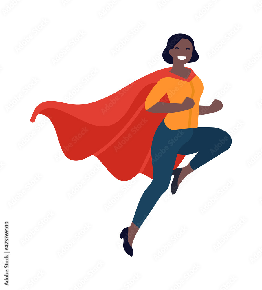 Women in red cape. Smiling person in hero pose