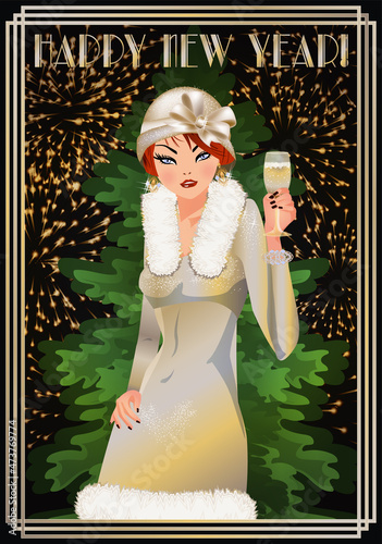 Happy New year wallpaper with flapper girl, xmas tree in art deco style, vector illustration