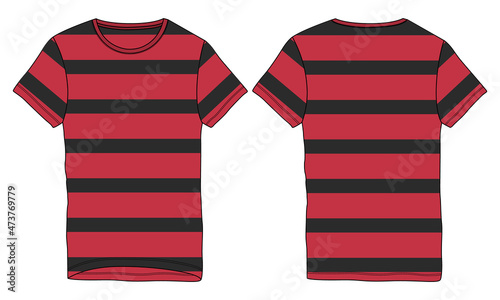 Short Sleeve T shirt With Red, Black Stripe Body Fashion flat sketch vector illustration template front and back views. Apparel Clothing Design Mock up Cad.