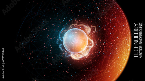 Abstract technological background. Vector image. Glowing bright plasma ball inside a transparent sphere. Plexus effect. Modern technology, energy and movement..