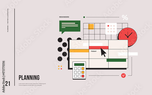 Working time planning concept. Organization of the work process in a flat style. Business planning on a chalkboard with plans. Vector illustration.