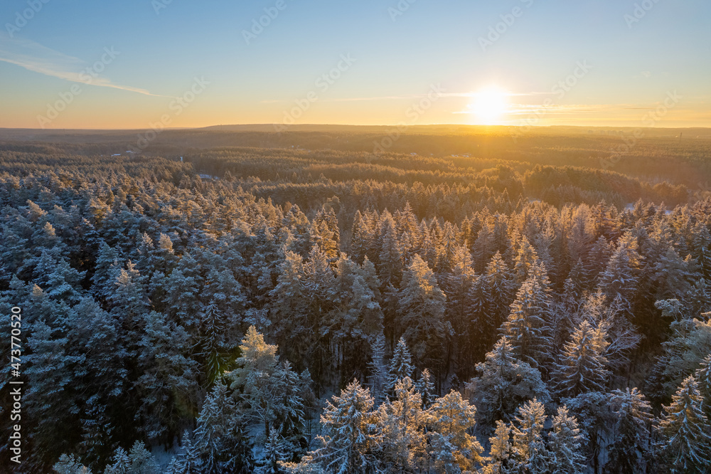 Aerial winter sunny frozen morning view of nature landscape