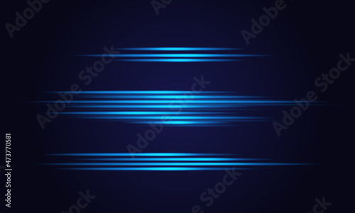 Velocity light effect. Horizontal lens flares and Laser beams, horizontal light rays Velocity motion. Vector blue glowing illustration.