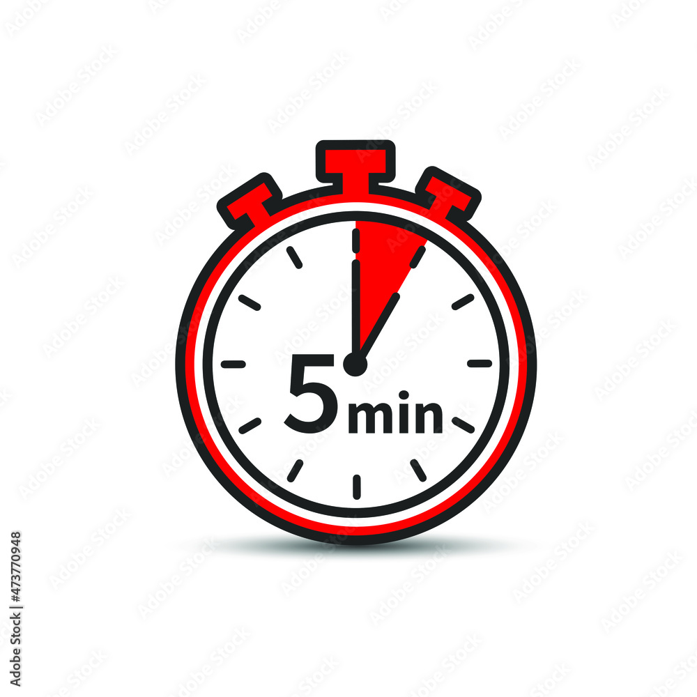 Five Minutes Clock Icon Isolated on White Background. 5 Minutes Vector Time Symbol. Five Minutes Clock Icon Isolated on White Background. 5 Minutes Vector Time Symbol.