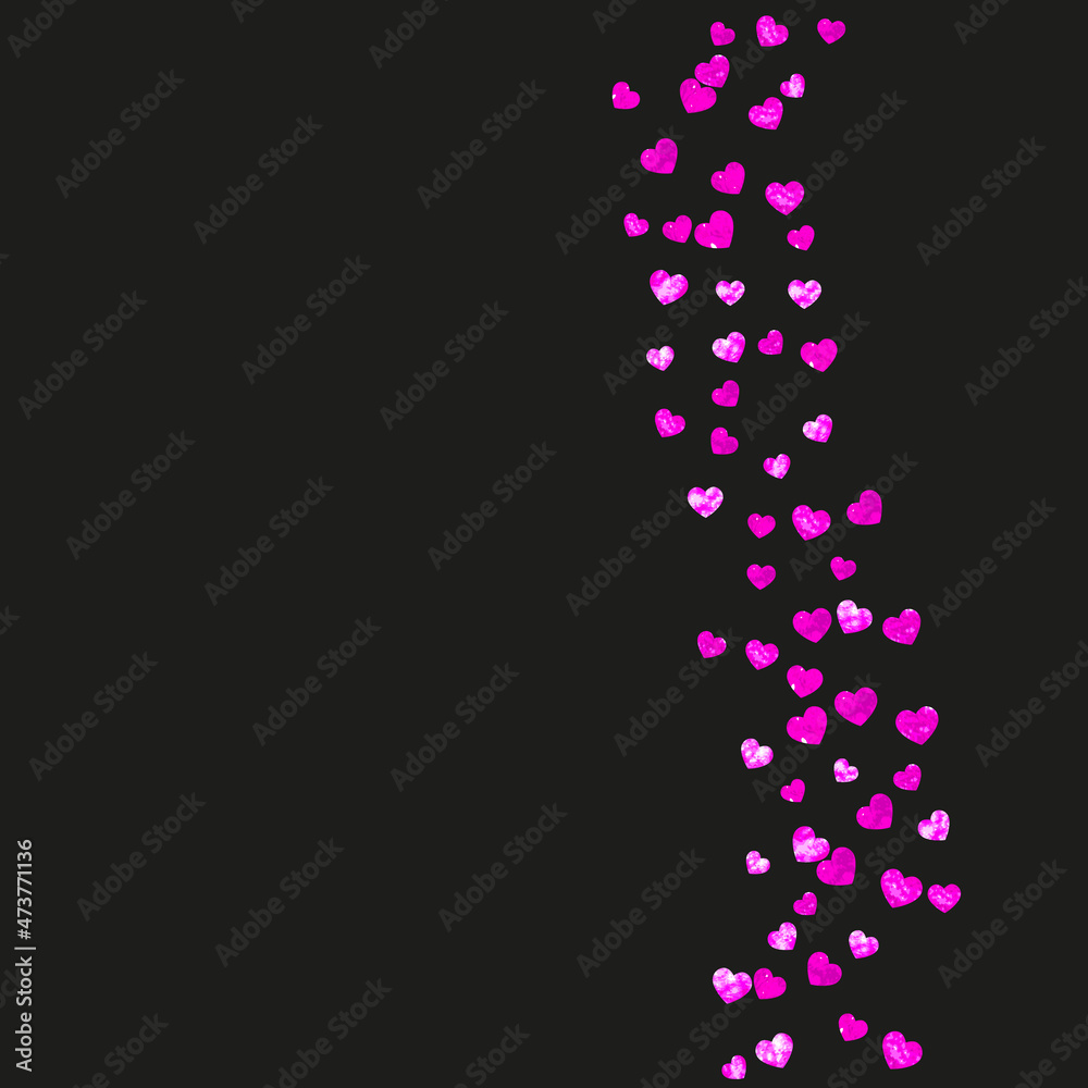 Valentines day border with pink glitter hearts. February 14th day. Vector confetti for valentines day border template. Grunge hand drawn texture. Love theme for gift coupons, vouchers, ads, events.