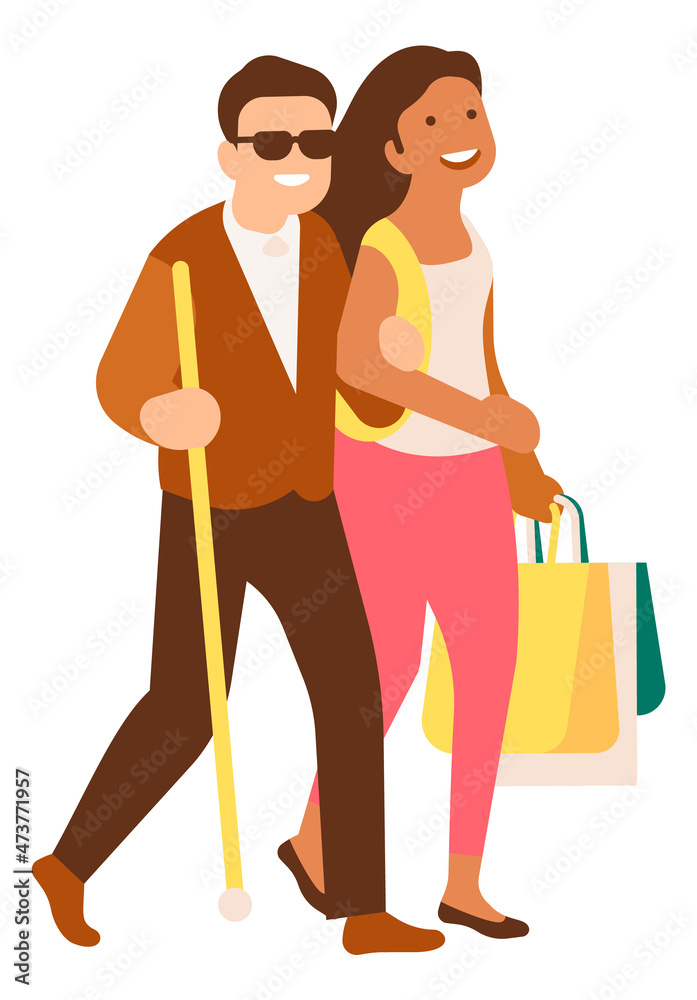 Woman walking with blind man. Girl helping disabled person with groceries Woman walking with blind man. Girl helping disabled person with groceries