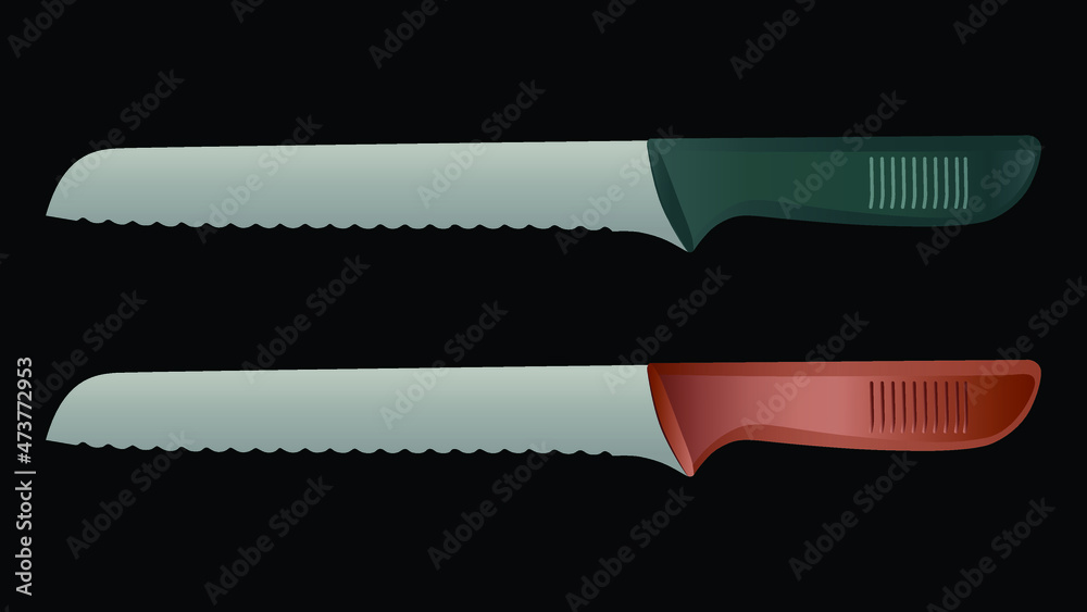 set of two realistic kitchen knives isolated on black, Vector illustration, chef knives, Cutlery icon set, bread Knife set of two realistic kitchen knives isolated on black, Vector illustration, chef knives, Cutlery icon set, bread Knife