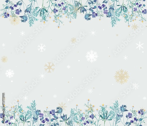 雪の結晶の降る美しい冬の北欧風オシャレなハーブ植物の半透明グレーのバックフレームイラストベクター素材
