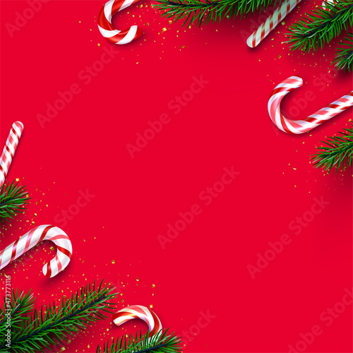 Red and white striped candy cane sticks with fir branches border.
