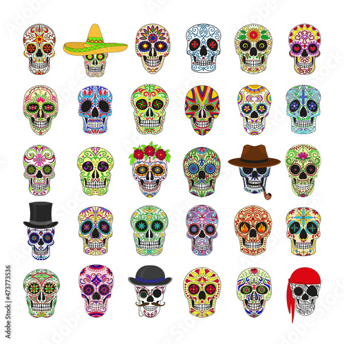Set of colorful skulls for the day of the dead. Illustrations in the Mexican style for creating stickers, tattoos, prints.