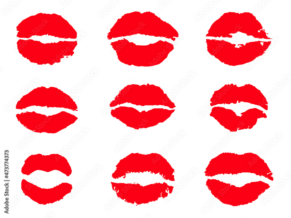 Red female glossy lips collection of various emotions. Different shapes of female red lips. lips makeup, Red female glossy lips collection of various emotions. Different shapes of female red lips. lips makeup,