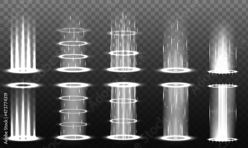 Futuristic hologram portal, magic teleport or level up effect. Realistic teleportation portal. Light aura and glowing hologram. White energy circles and rays on transparent background.