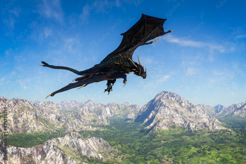 3D rendering of a black dragon or wyvern fantasy creature flying over a mountainous landscape with blue sky.