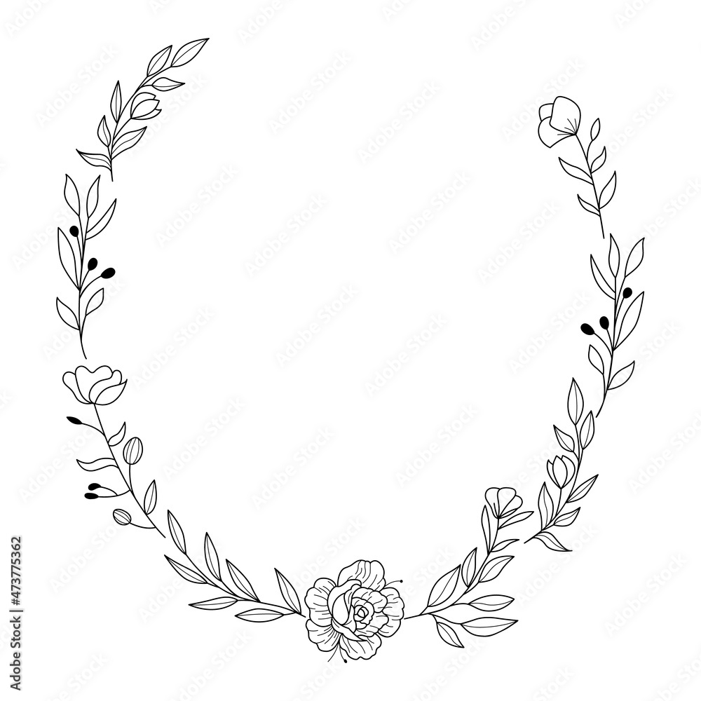 Obraz premium Floral Wreath branch in hand drawn style. Floral ellipse black and white frame of twigs, leaves and flowers. Frames for the Valentine's day, wedding decor, logo and identity template.