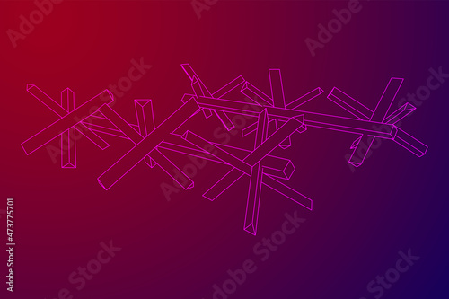 Hedgehog antitank defence. Wireframe low poly mesh vector illustration.