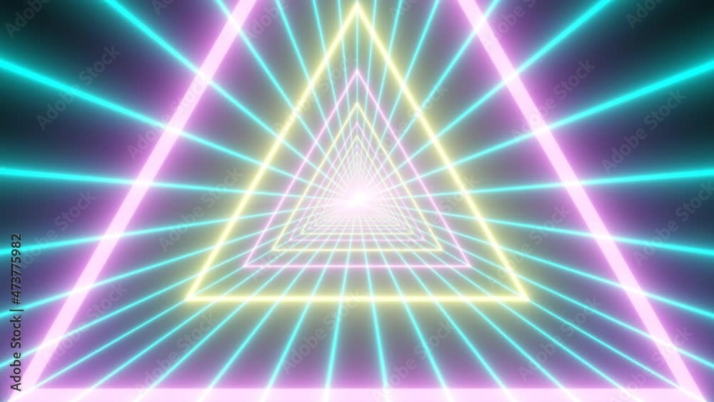 Retro Aesthetic Vaporwave Triangle Tunnel Shape Neon Glow Grid Lines - 4K Seamless VJ Loop Motion Background Animation