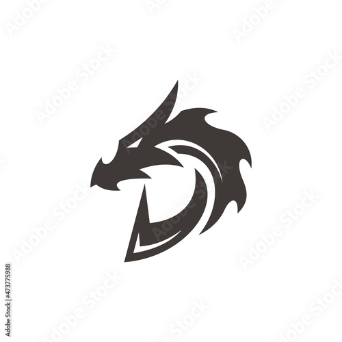 Initial logotype letter D and dragon head silhouette vector logo icon in black and white color