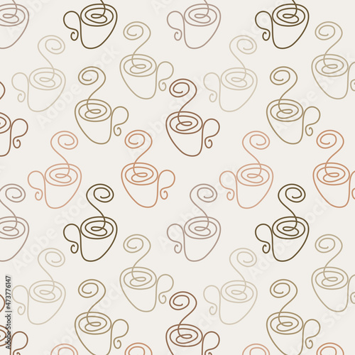 Abstract Seamless pattern of cups in a minimalistic line art style in coffee colors. Repeating texture for design of wrapping paper, napkins, menus, fabrics. Vector graphics. Vector illustration. © Nataliya