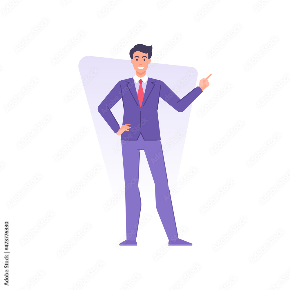 Happy business male in tie suit pointing forefinger with positive emotion vector flat illustration Happy business male in tie suit pointing forefinger with positive emotion vector flat illustration