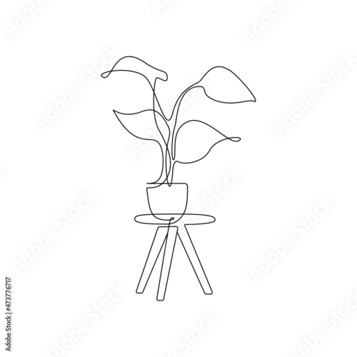 One continuous line drawing of potted flower on the table. Linear contour houseplant for home interior decorations of trendy scandinavian style contour lines. Doodle Vector illustration