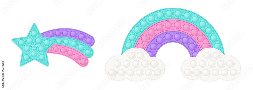 Popit figure pastel rainbow and blue star tail as a fashionable silicon toy for fidgets. Addictive anti stress toy in colorful colors. Bubble developing pop it toys for kids. Vector illustration