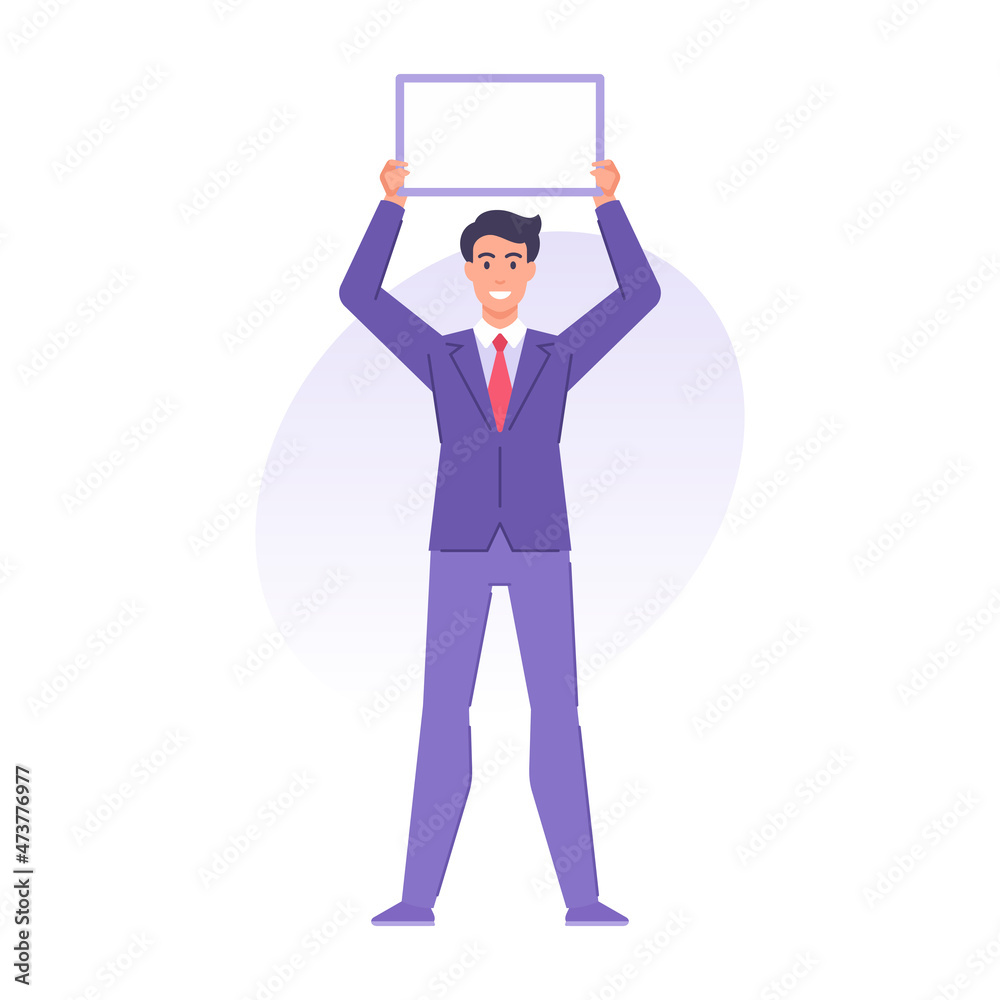 Smiling stylish business man holding empty banner placard advertising message presentation vector Smiling stylish business man holding empty banner placard advertising message presentation vector