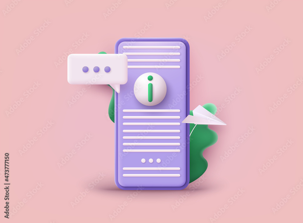 Smartphone with info center, customer online communication. Guides, FAQ, support metaphors. 3D Web Vector Illustrations. - obrazy, fototapety, plakaty 