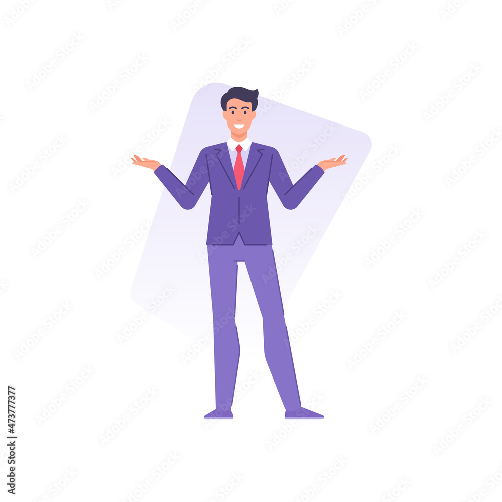 Smiling business man posing with raising hands making choice presenting gesture vector flat Smiling business man posing with raising hands making choice presenting gesture vector flat