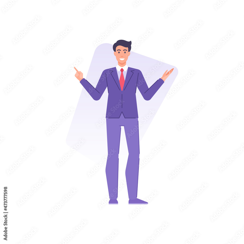 Happy business man in suit red tie pointing forefinger presentation advertising vector flat Happy business man in suit red tie pointing forefinger presentation advertising vector flat