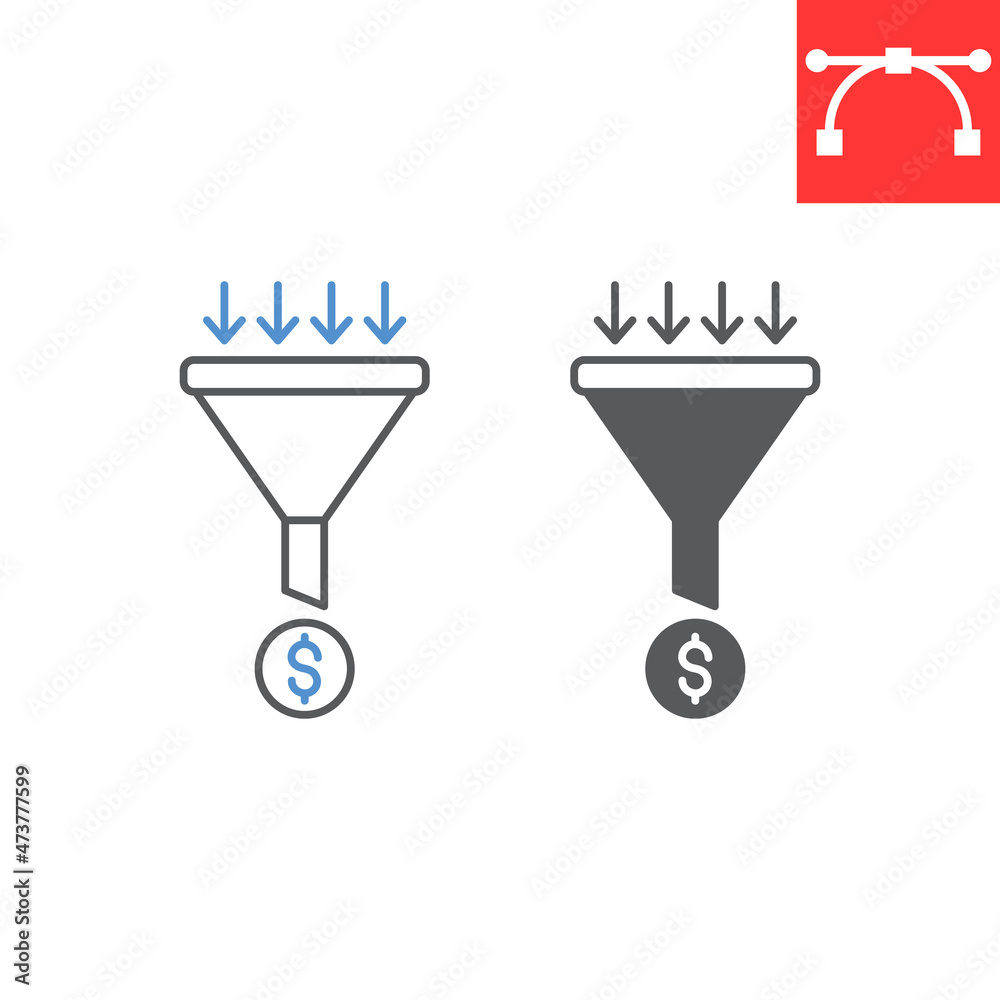 Sales funnel line and glyph icon, dollar sign and money, sales funnel vector icon, vector graphics, editable stroke outline sign, eps 10. Sales funnel line and glyph icon, dollar sign and money, sales funnel vector icon, vector graphics, editable stroke outline sign, eps 10.