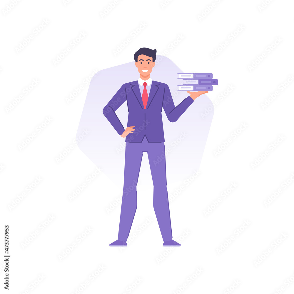 Smiling employee male office worker carrying stack of cardboard folders paper documents vector Smiling employee male office worker carrying stack of cardboard folders paper documents vector