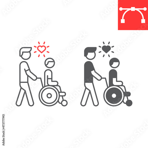 Disabled people help line and glyph icon, caretaker and volunteering, man take wheelchair man vector icon, vector graphics, editable stroke outline sign, eps 10.