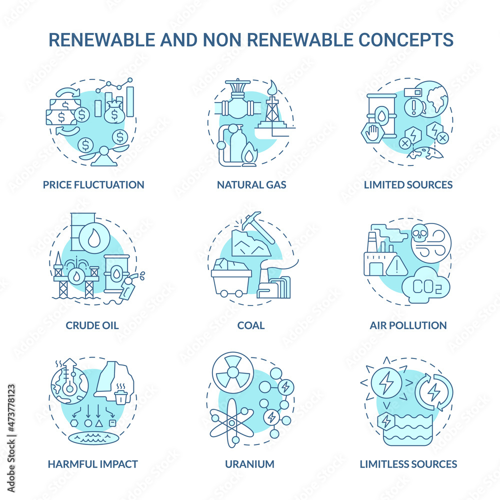 Renewable and non renewable energy turquoise blue icons set. Types of sources idea thin line color illustrations. Isolated outline drawings. Editable stroke. Roboto-Medium, Myriad Pro-Bold fonts used