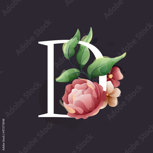 D letter logo in watercolor style with flowers and leaves. Herbs like peonies, and chamomile, and buds.