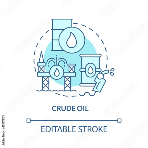 Crude oil turquoise blue concept icon. Fossil fuel. Nonrenewable sources abstract idea thin line illustration. Isolated outline drawing. Editable stroke. Roboto-Medium, Myriad Pro-Bold fonts used