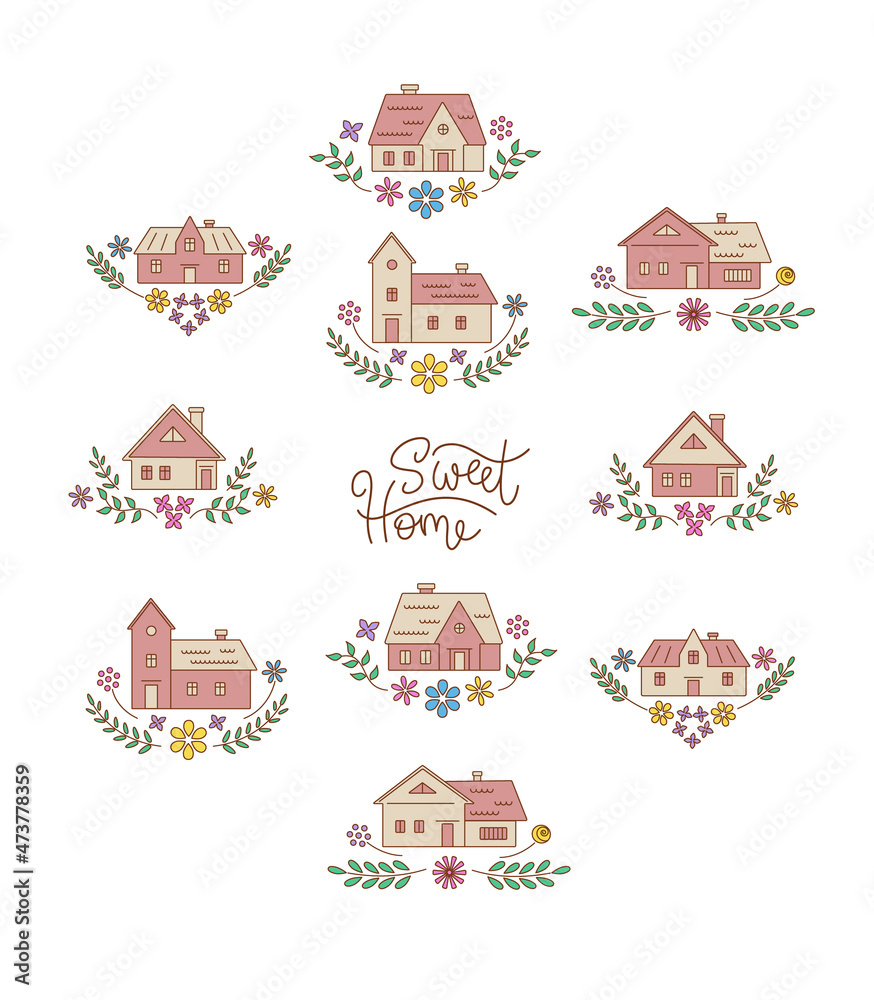 Set of country houses decorated with floral ornaments in outline style with lettering Sweet Home. Vector color isolated illustration.