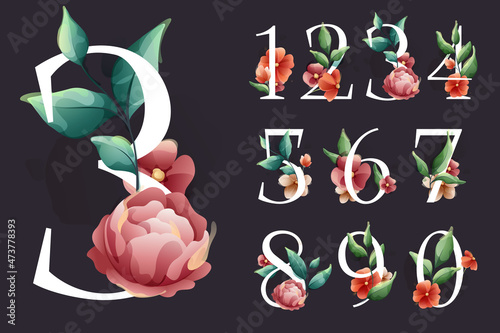 Numbers set in watercolor style with flowers and leaves. Herbs like peonies, and chamomile, and buds.