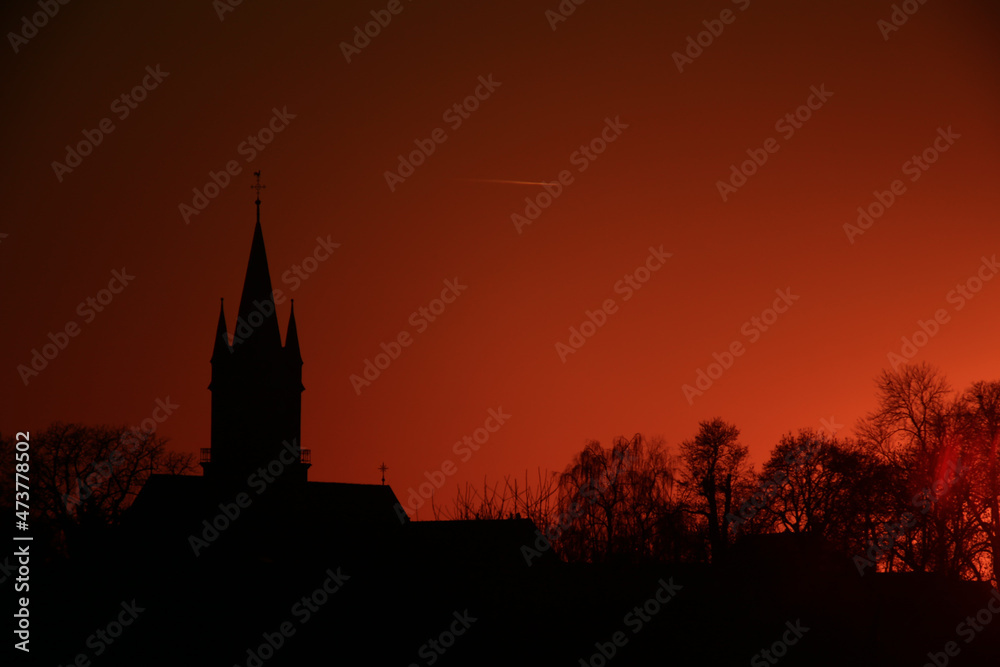 Silhouette of German church in Magdeburg, in dusk
