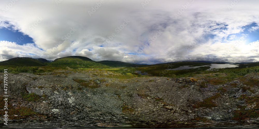 Spherical panorama view from the mountain Vadvevaras Vadvetjakka National Park in Sweden. Equirectangular projection is used