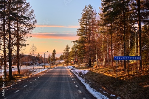 Beautiful sunset in the small town Granbergstrask in northern Sweden