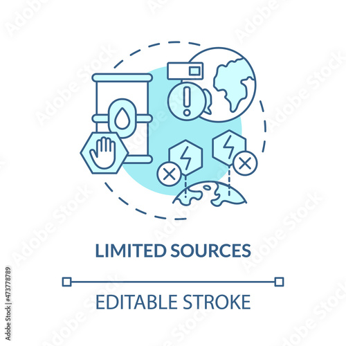 Limited sources turquoise blue concept icon. Non renewable fuel resources abstract idea thin line illustration. Isolated outline drawing. Editable stroke. Roboto-Medium, Myriad Pro-Bold fonts used