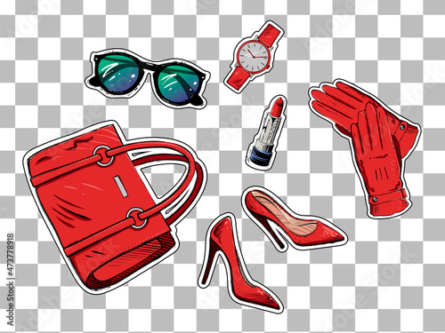 Set of women accessories, sticker pack, color vector illustration
