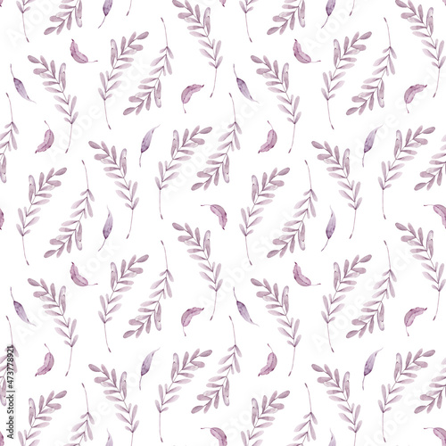 Pattern of watercolor pink branches and leaves. Floral seamless texture. Botanical illustration. Elegant colorful design. Cute textile ornament.