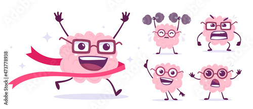 Vector set of creative illustration of happy brain character in different pose and emotion. Flat doodle style knowledge concept design of emotional pink brain in glasses running and lifting weight