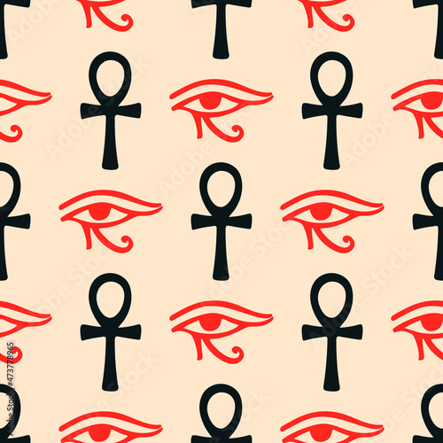 Seamless pattern Eye of the sun Ra and Egypt egyptian cross. Vector ancient Egyptian icon. Moon eye of Thoth, protection symbol. Amulet egypt pharaoh pyramid. The Eye of Horus. Ancient symbol pattern.